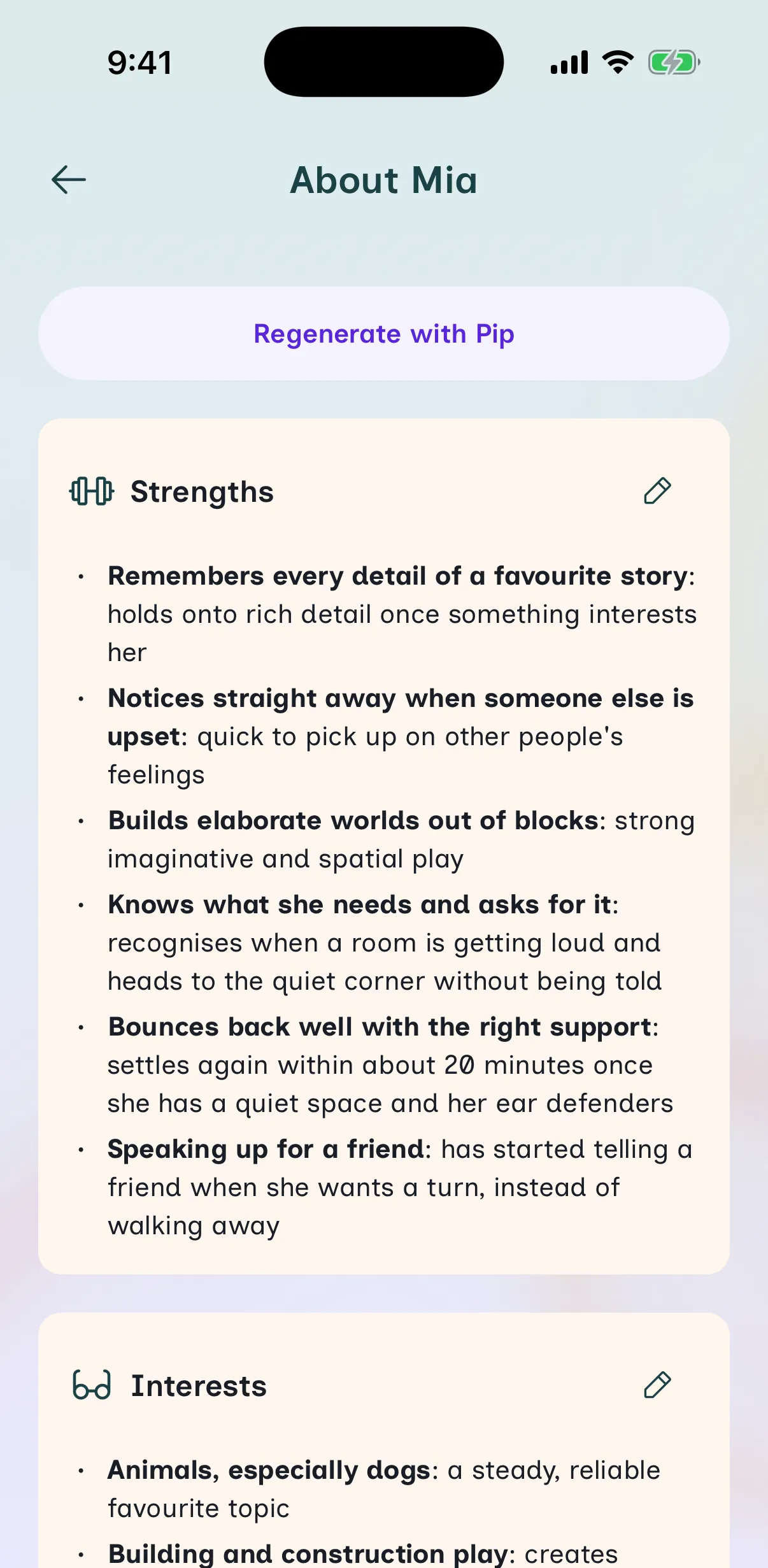The About Me screen in Understanding Zoe on an example child profile, with a Regenerate with Pip button and cards for the child's strengths and interests.