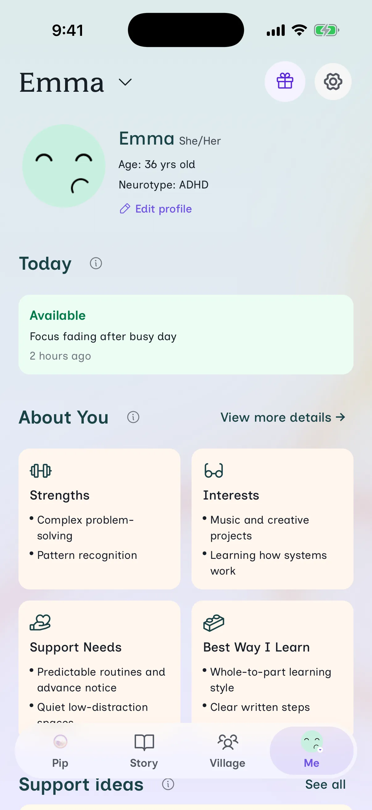 The About You screen in Understanding Zoe on an example adult profile, with four cards: strengths, interests, support needs and best way I learn.