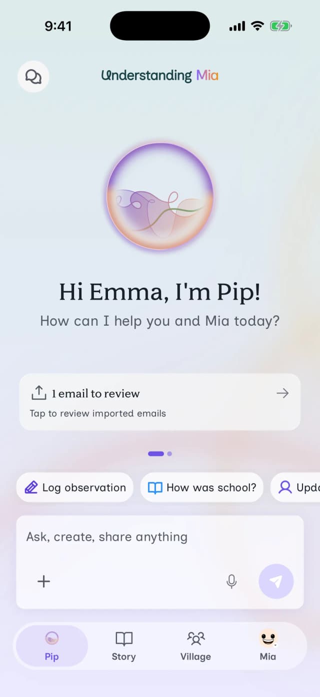 The Understanding Zoe app open on a phone, showing Pip's home screen