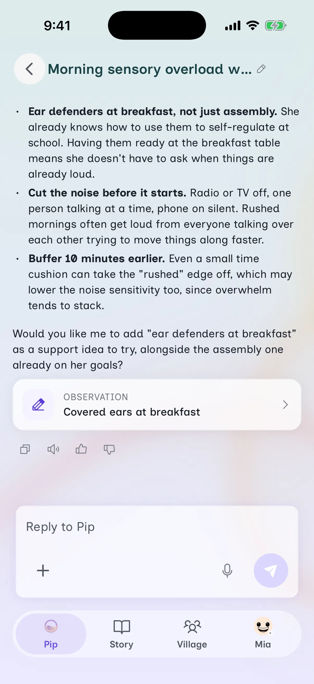 Pip logging a quick voice note from a parent.