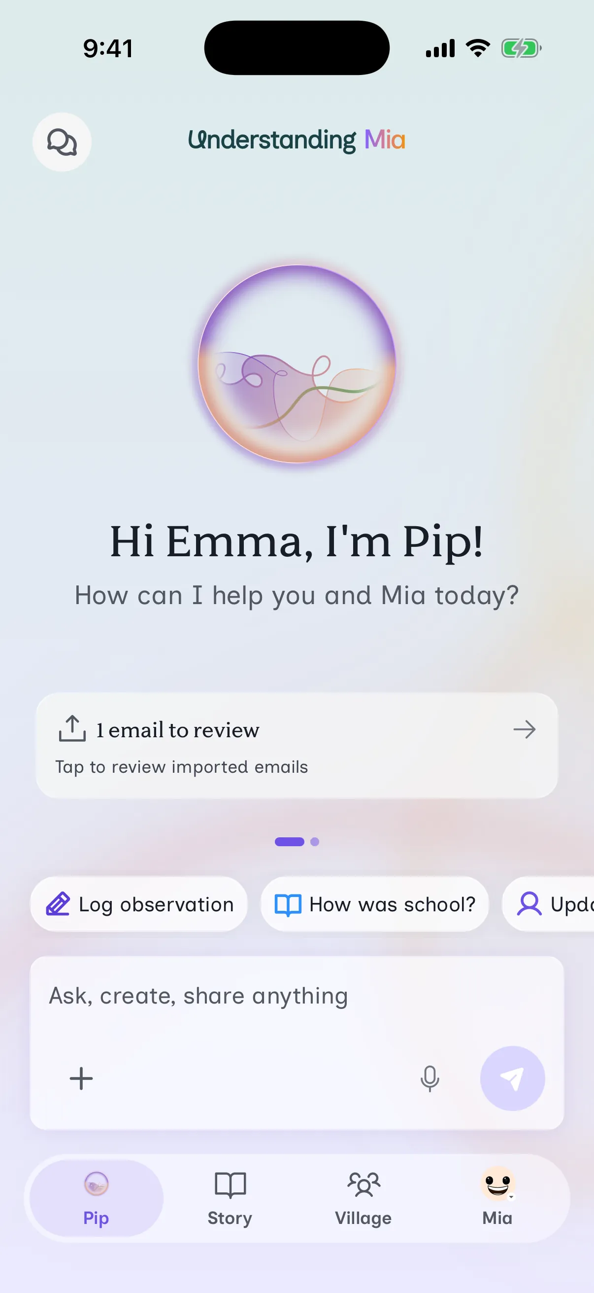 The Understanding Zoe app open on a phone, showing Pip's home screen greeting the family.