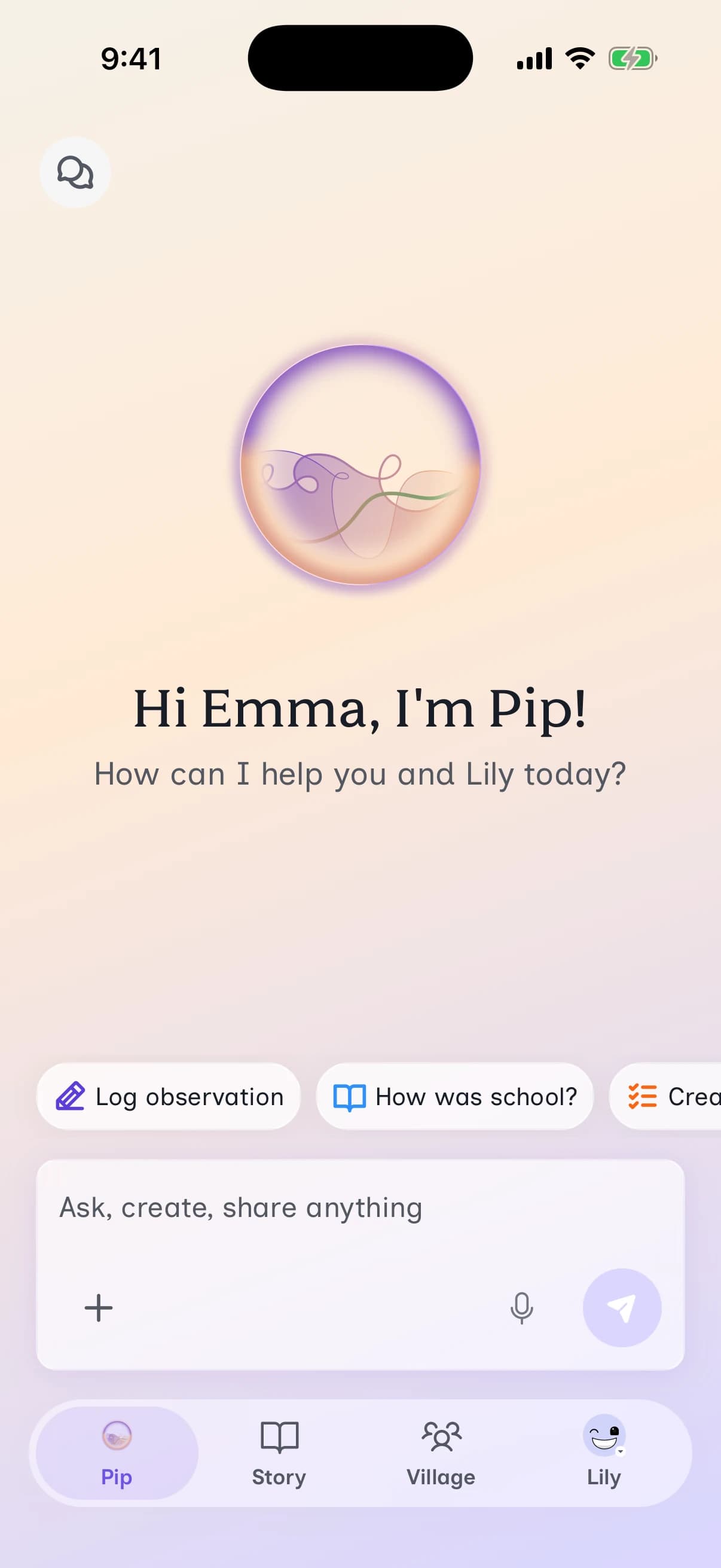 The Understanding Zoe app open on a phone, showing Pip's home screen greeting the family.