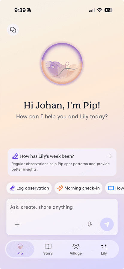 Understanding Zoe app interface showing Pip, the AI coach for personalised neurodivergent family support