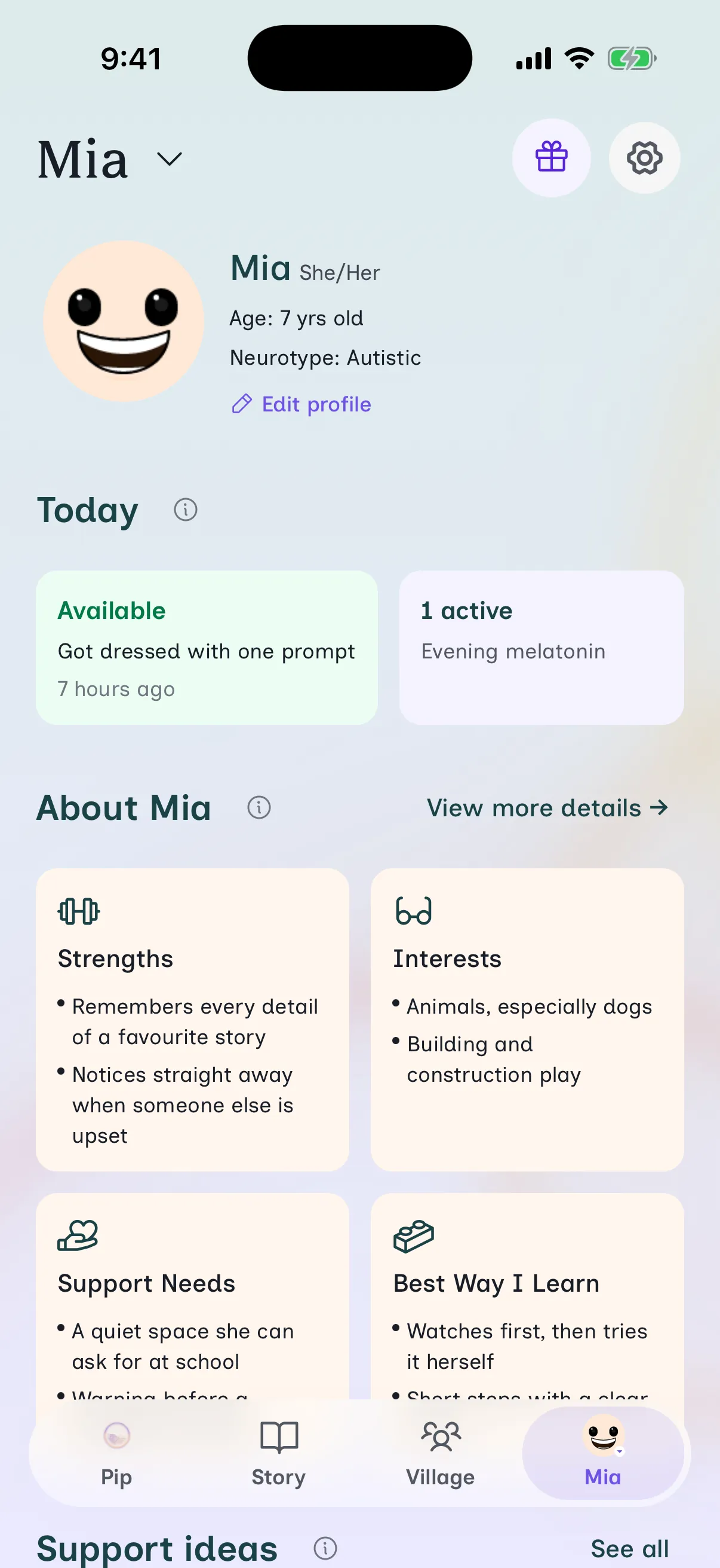 A single calm profile showing a child's whole picture in one place.