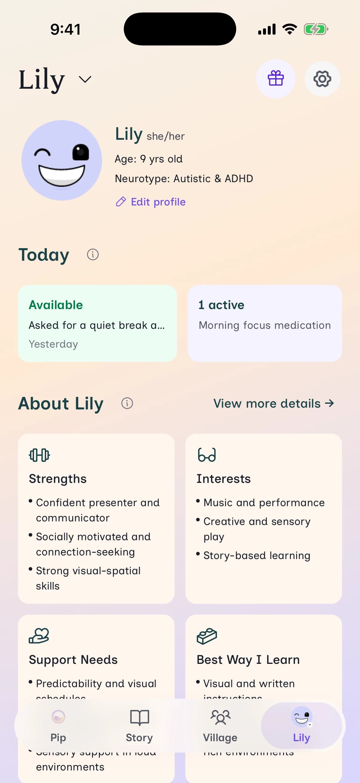 A single calm profile showing a child's whole picture in one place.