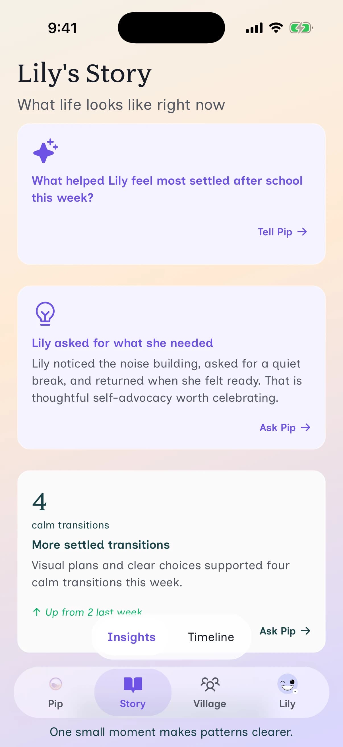 The Understanding Zoe Story screen, showing gentle patterns drawn from a child's daily notes, like sleep settling into a rhythm.