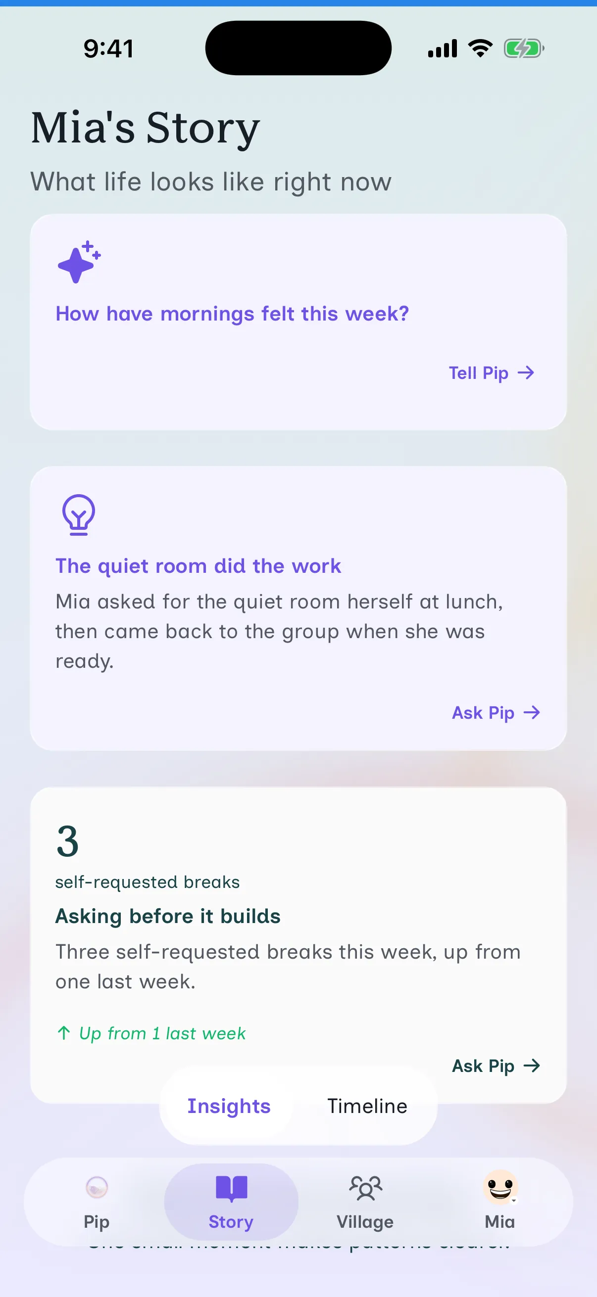 The Story tab showing a gentle pattern across a few weeks of notes.