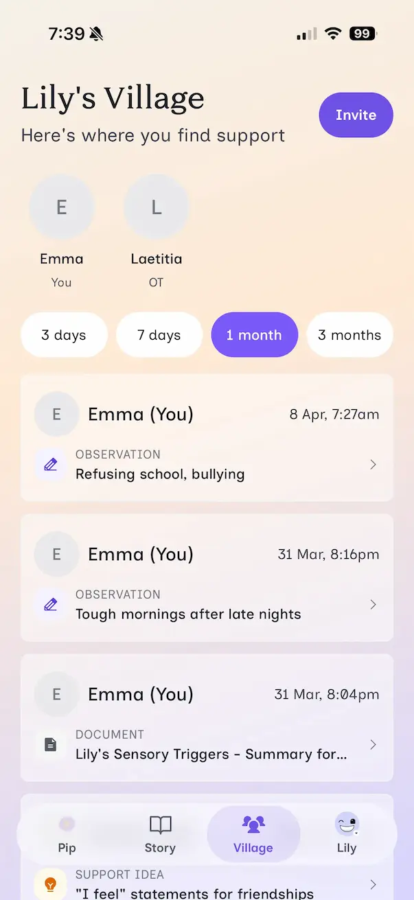 Village activity screen showing collaborative care coordination