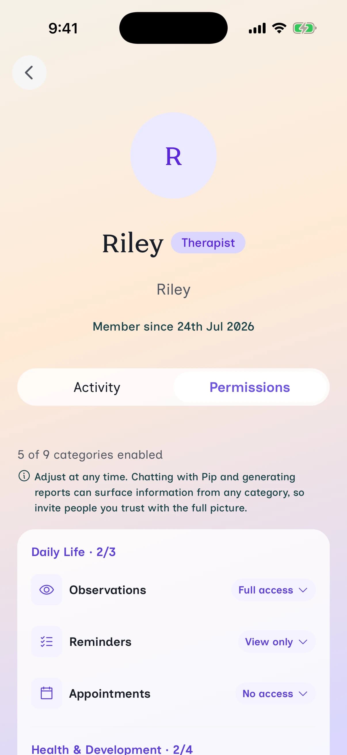 The Understanding Zoe app showing granular controls for choosing exactly what each person in your village can see.