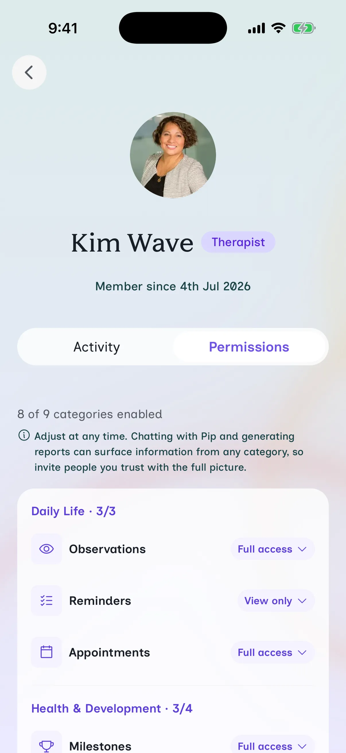 The Understanding Zoe app showing granular controls for choosing exactly what each person in your village can see.