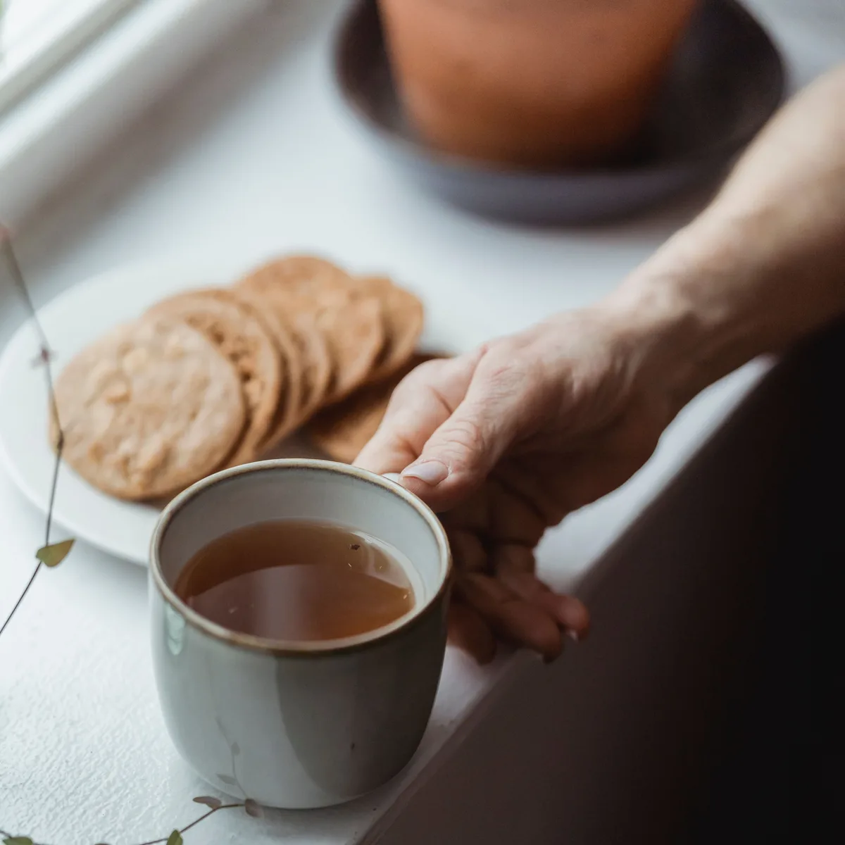 A hand reaching for a mug of tea beside a plate of biscuits.